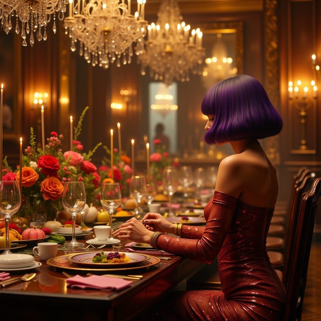 Elegant Candlelit Dinner Party with Woman in Purple Bob