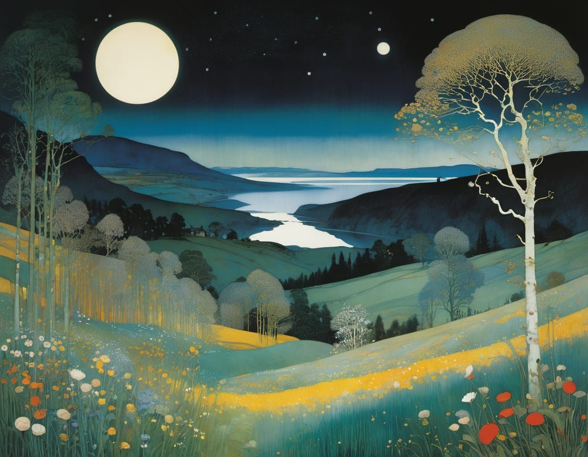 Whimsical Landscape Illustration in Art Nouveau Style