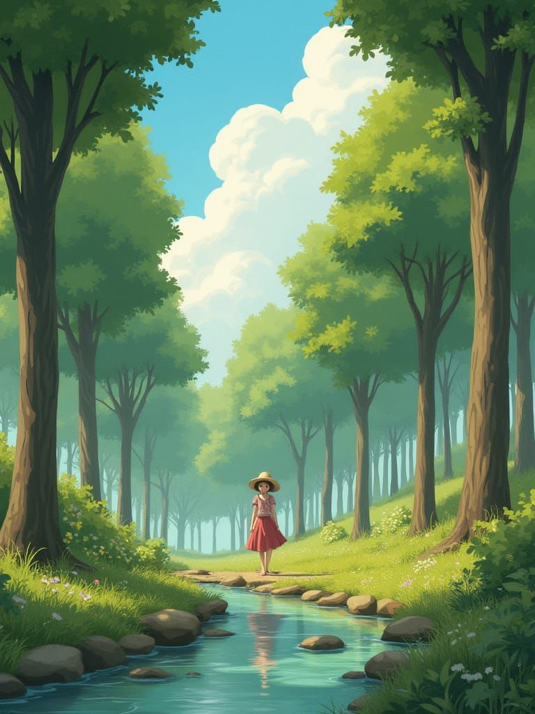 Serene Woman in Whimsical Forest Landscape