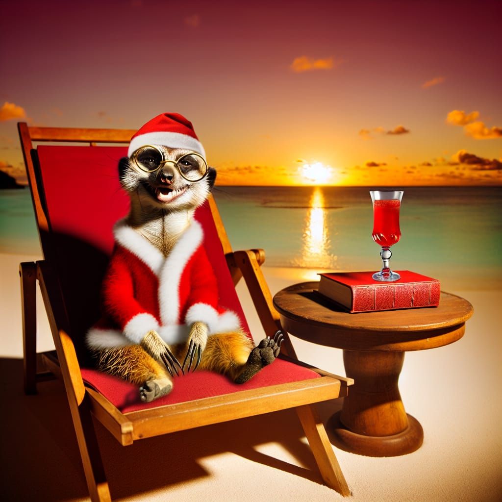Surreal Santa Meerkat Sits in a Beachside Lounge Chair