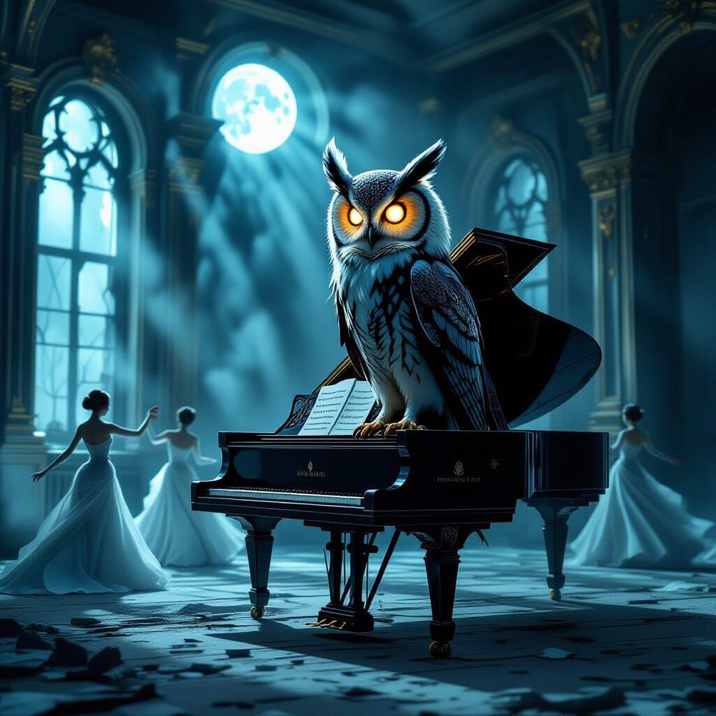 Mechanical Owl on Grand Piano in Abandoned Ballroom