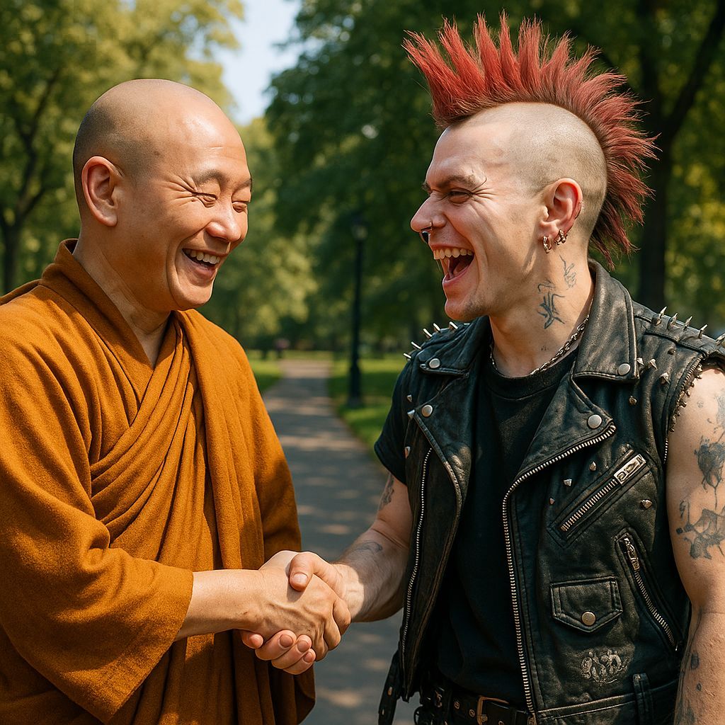 Monk and Punk Rocker Shake Hands in CGI Park