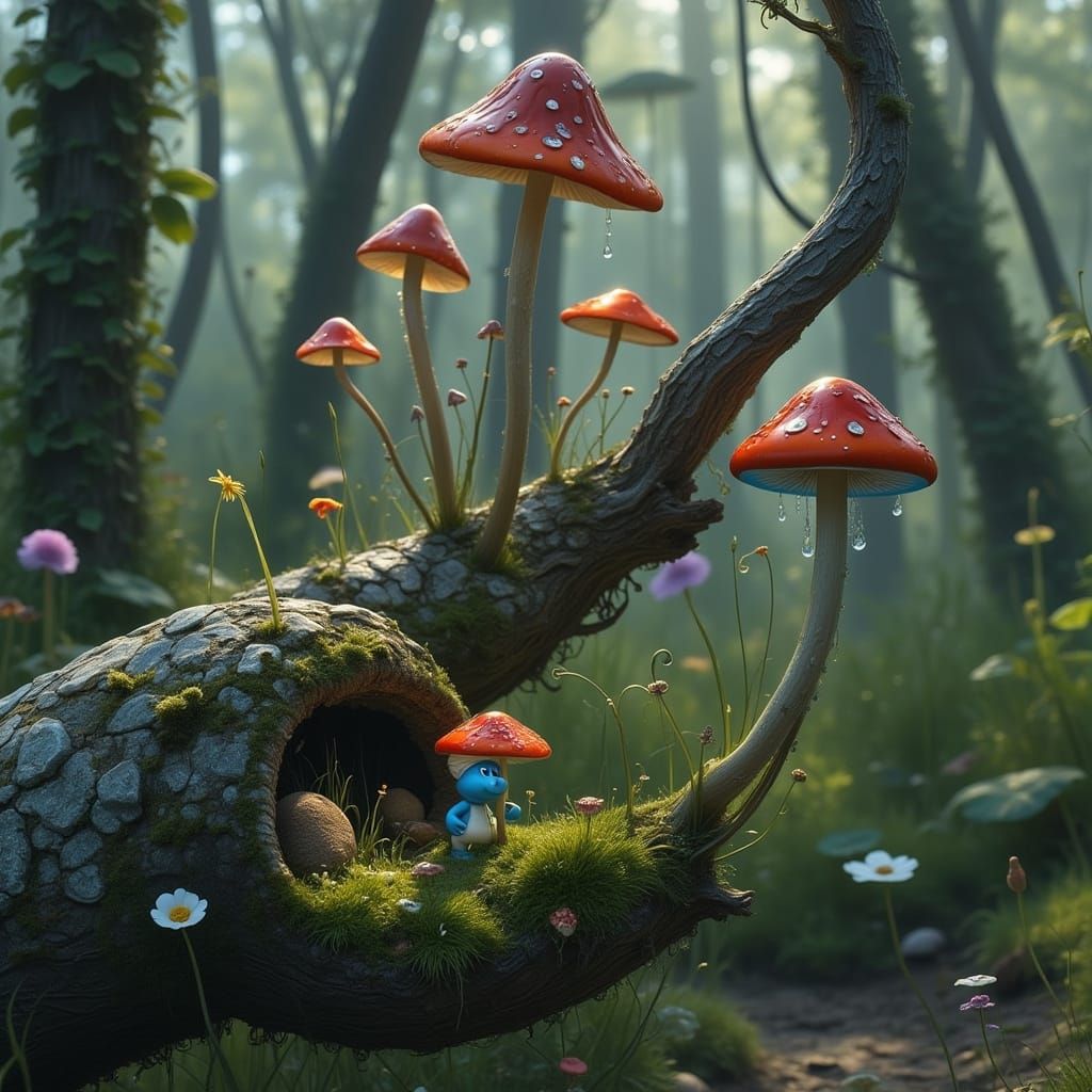 Smurf Hiding Under Mushroom on Mossy Log in Forest