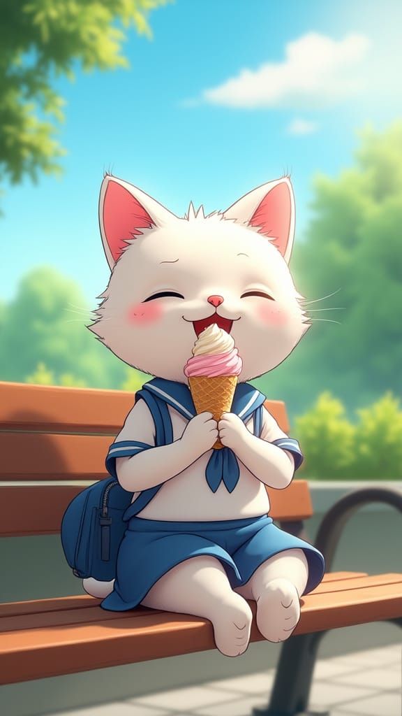 Cat Student Enjoying Ice Cream, Animated Cartoon Style