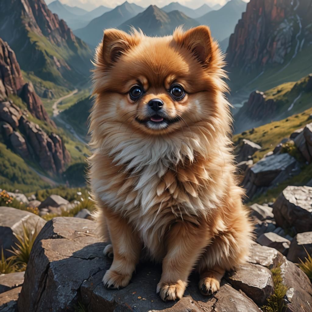 Surreal Pomeranian on Majestic Mountain
