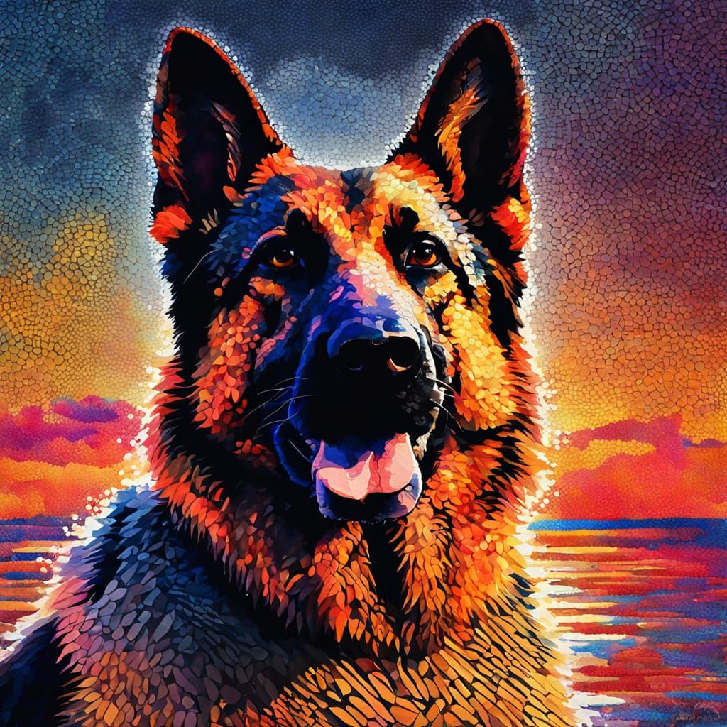 Eclipsed German Shepherd in Stippling and Stencil Collage
