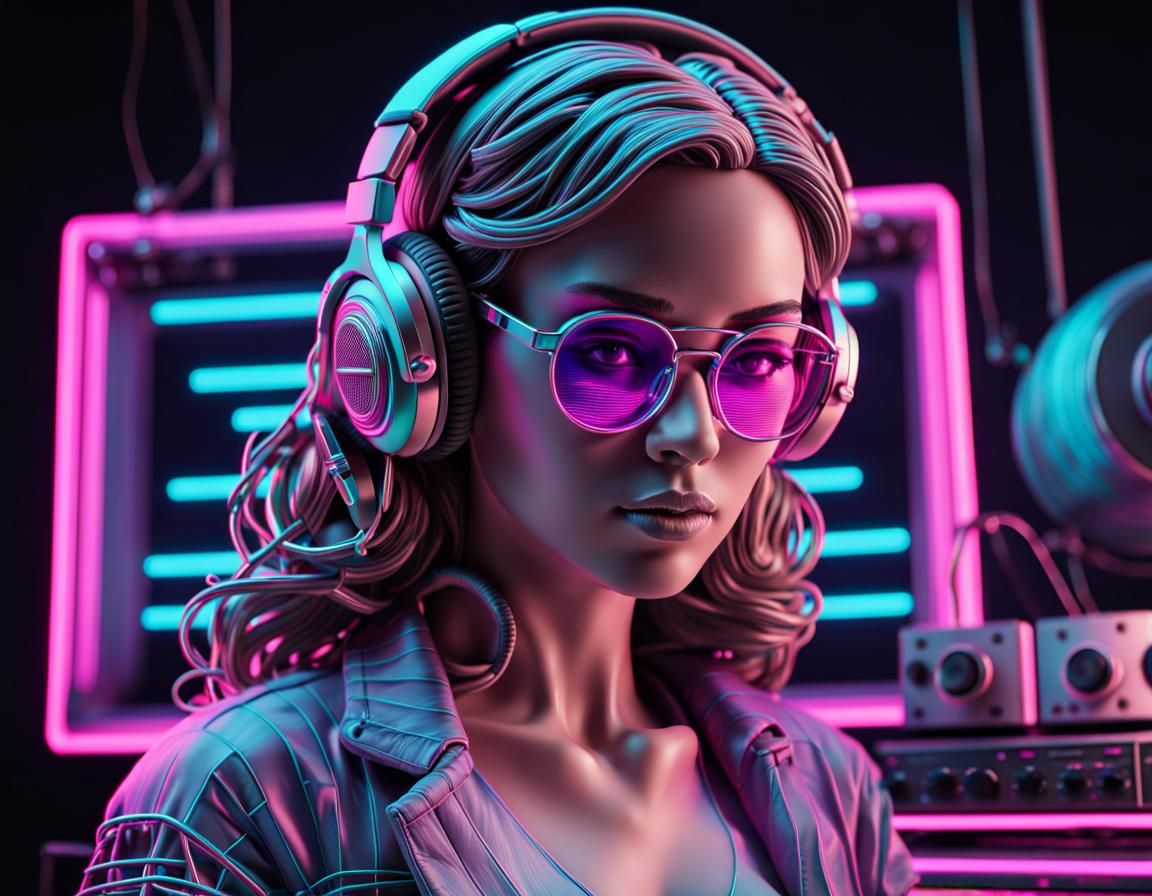 Female DJ in Neon Synthwave Retro