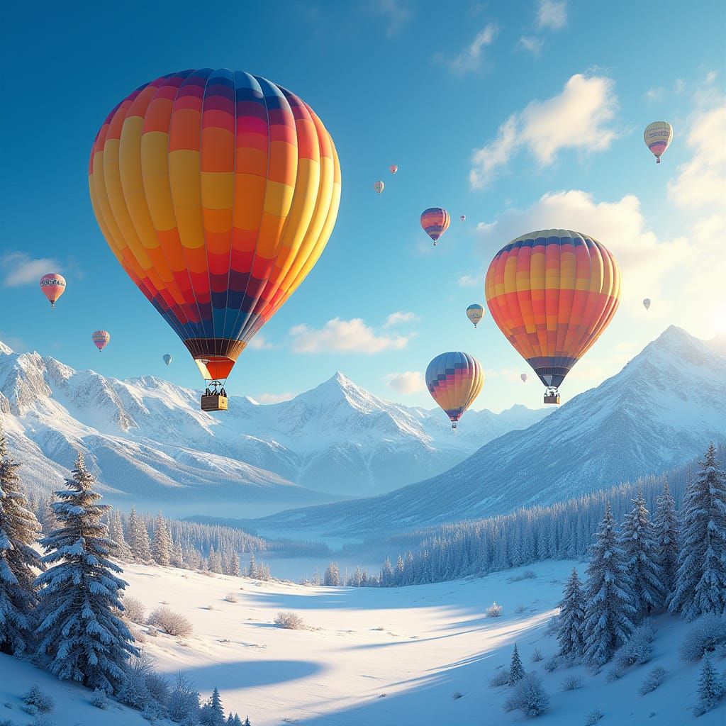 Vibrant Hot Air Balloons Soar Above Snowy Mountain Peaks in ...