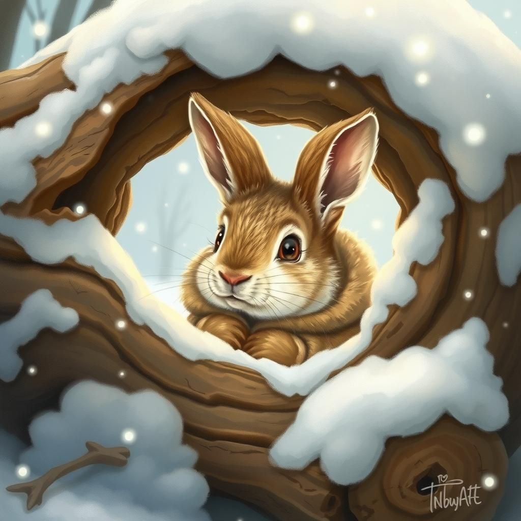 a rabbit hiding in a log during a snow storm