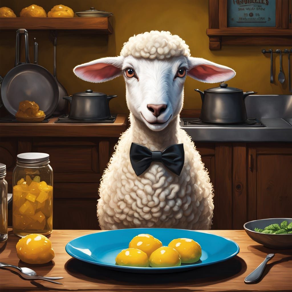 Terrified Lamb Faces Mint Jelly, Hyperrealistic Oil Painting