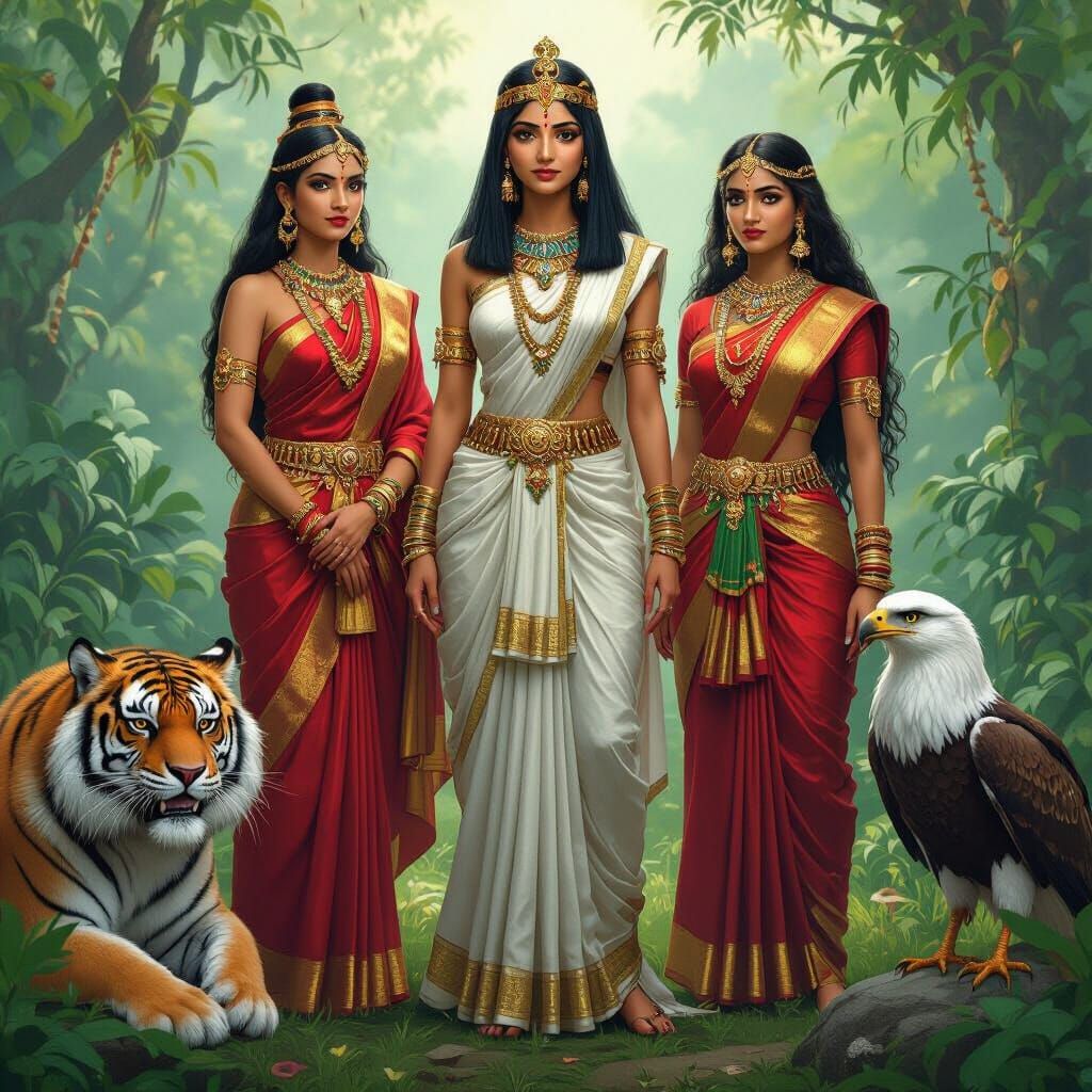 Cleopatra & Goddesses in Lush Green Landscape
