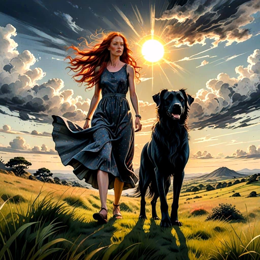 Woman in Vibrant Sunset Landscape with Her Loyal Companion