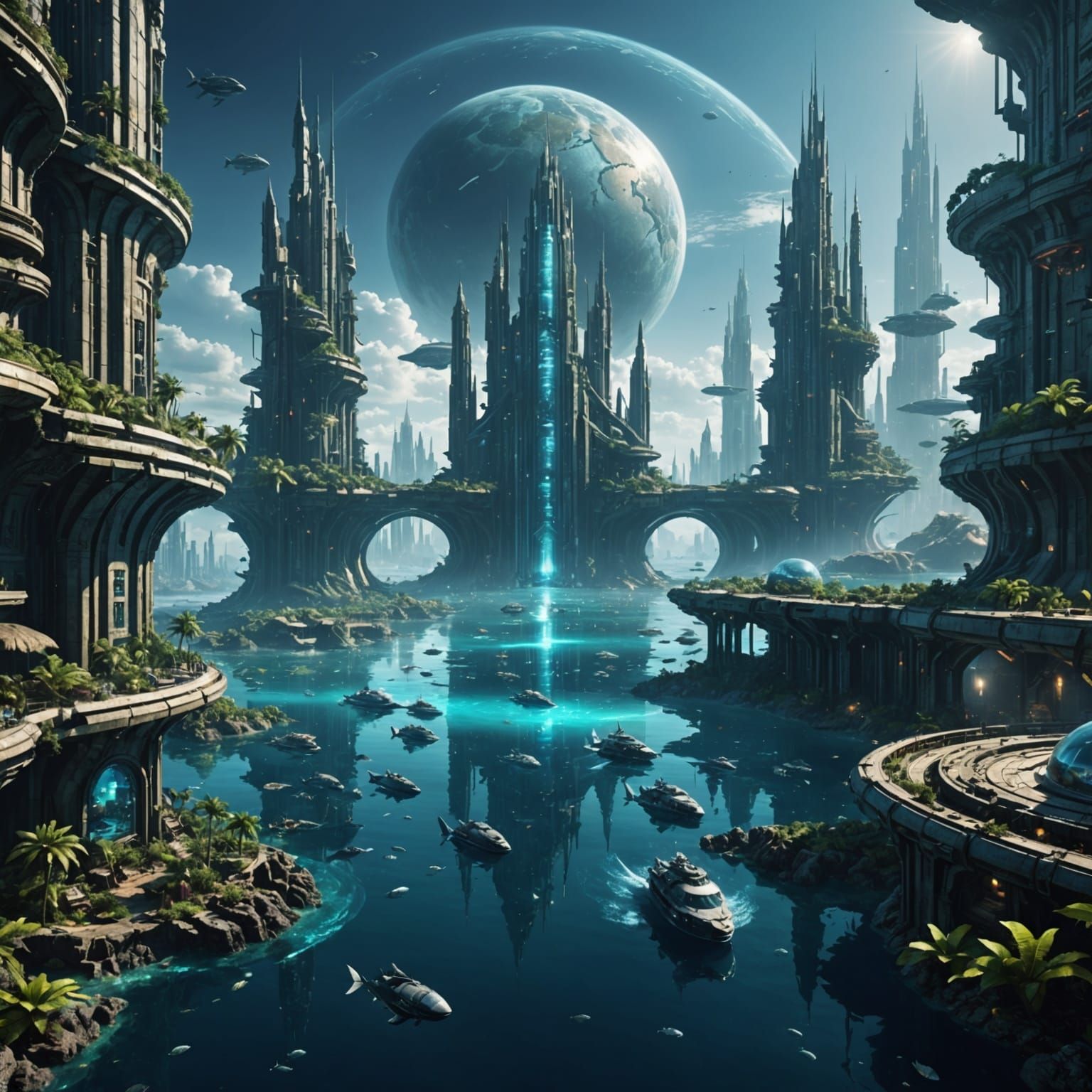 Futuristic Atlantis Metropolis Under Dark Alien Ocean