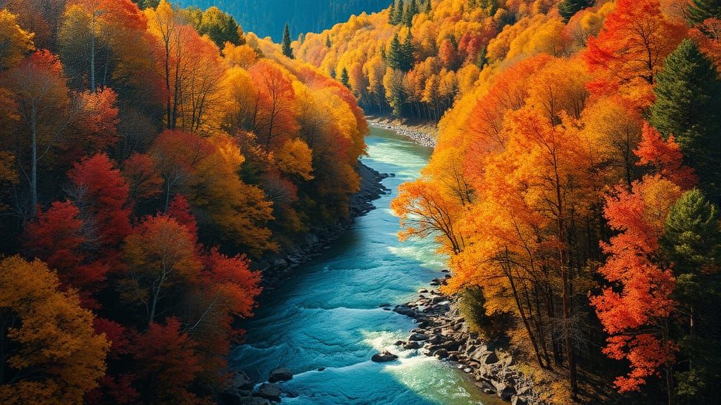 Vibrant Autumn Forest River in Neo-Impressionist Style