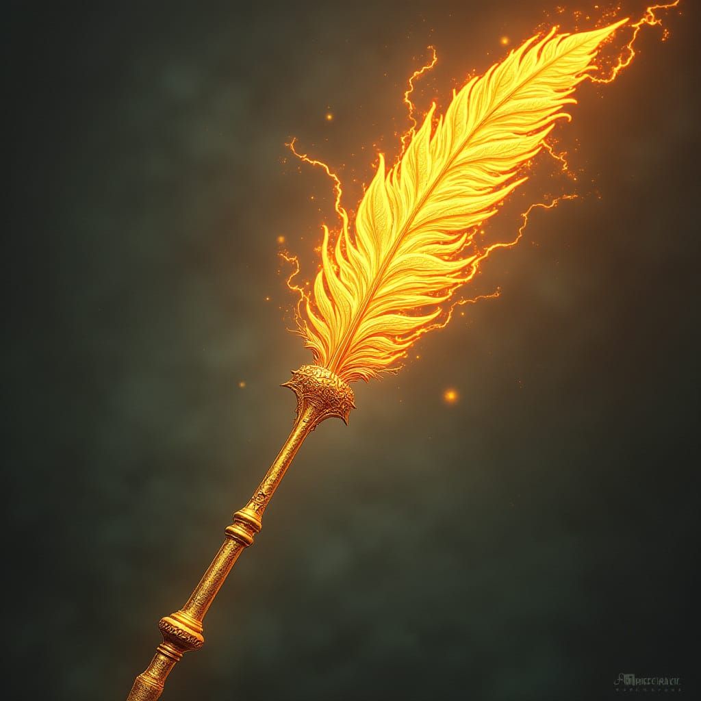 Golden Wand with Phoenix Feather and Ancient Magic Symbols