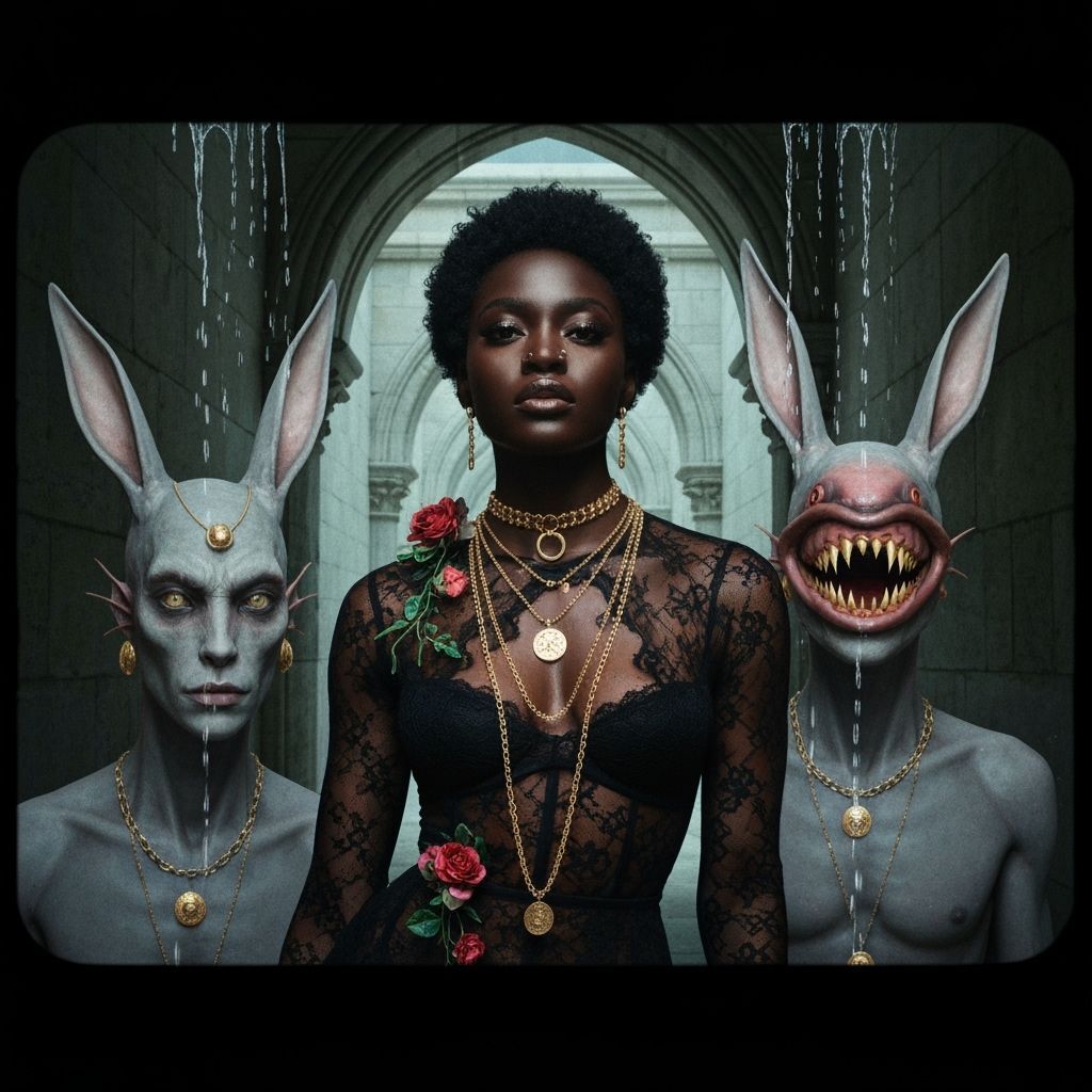 Gilded Abyss: Black Woman Amidst Eerie Creatures