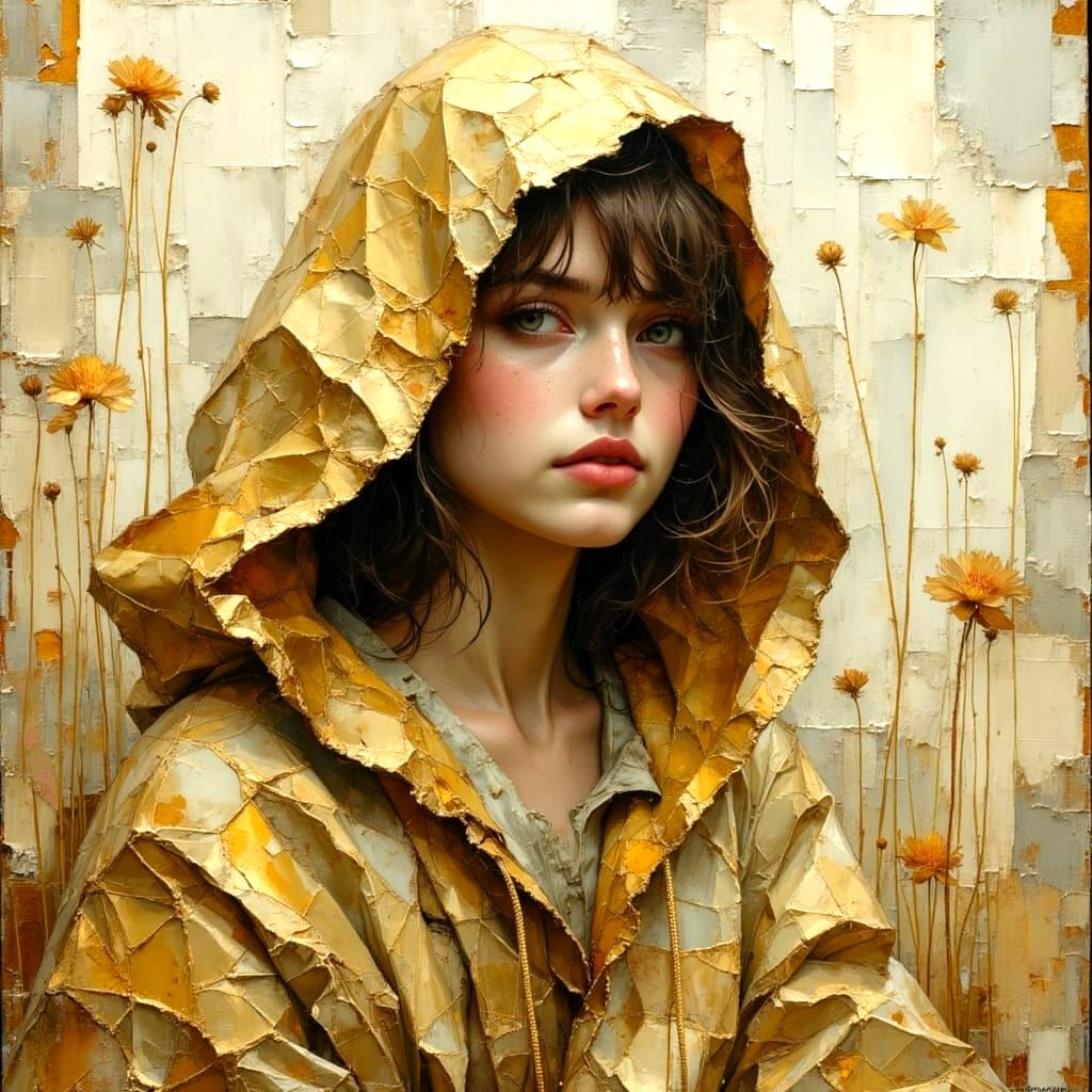 Girl in Gold Cloak: Impasto Oil Painting