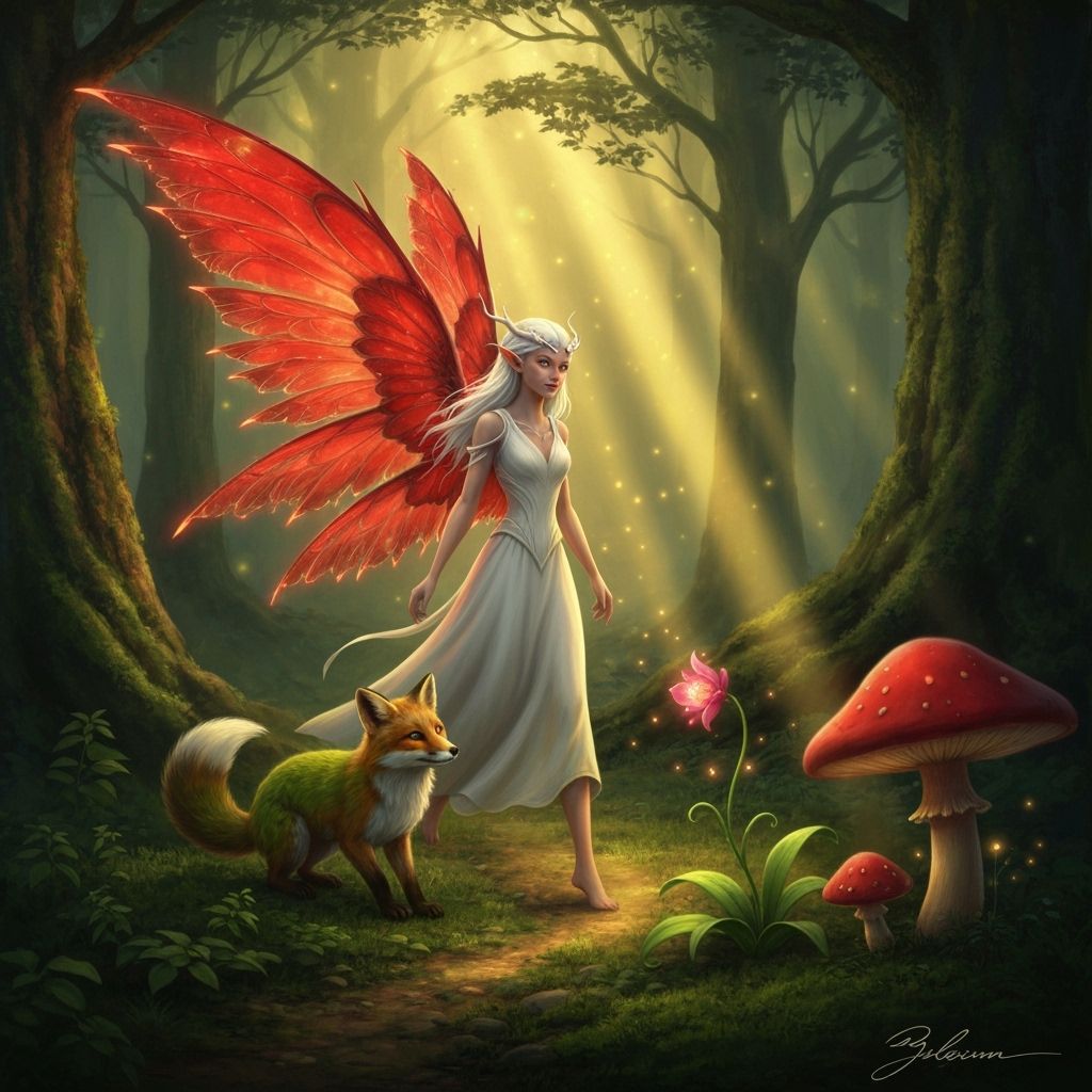 Enchanting Forest Scene with Elven Girl and Magical Fox