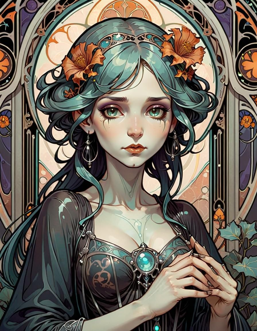 Ethereal Art Nouveau Maiden: Necromancer's Enchanting Form