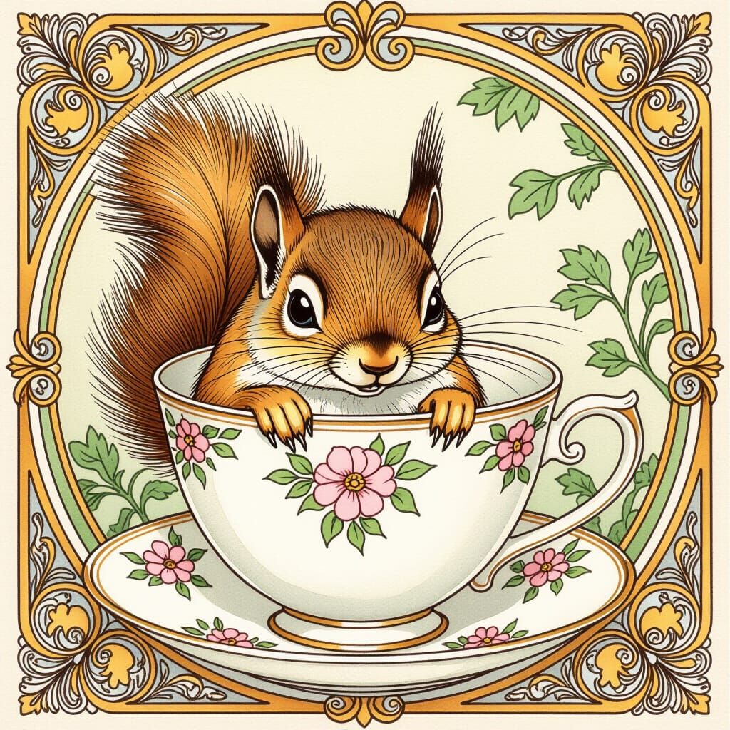 Squirrel Peeking Out of Teacup: Japanese Ink and Watercolor