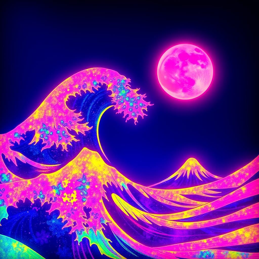 The Great Wave of Kanagawa in Vibrant Neon Light