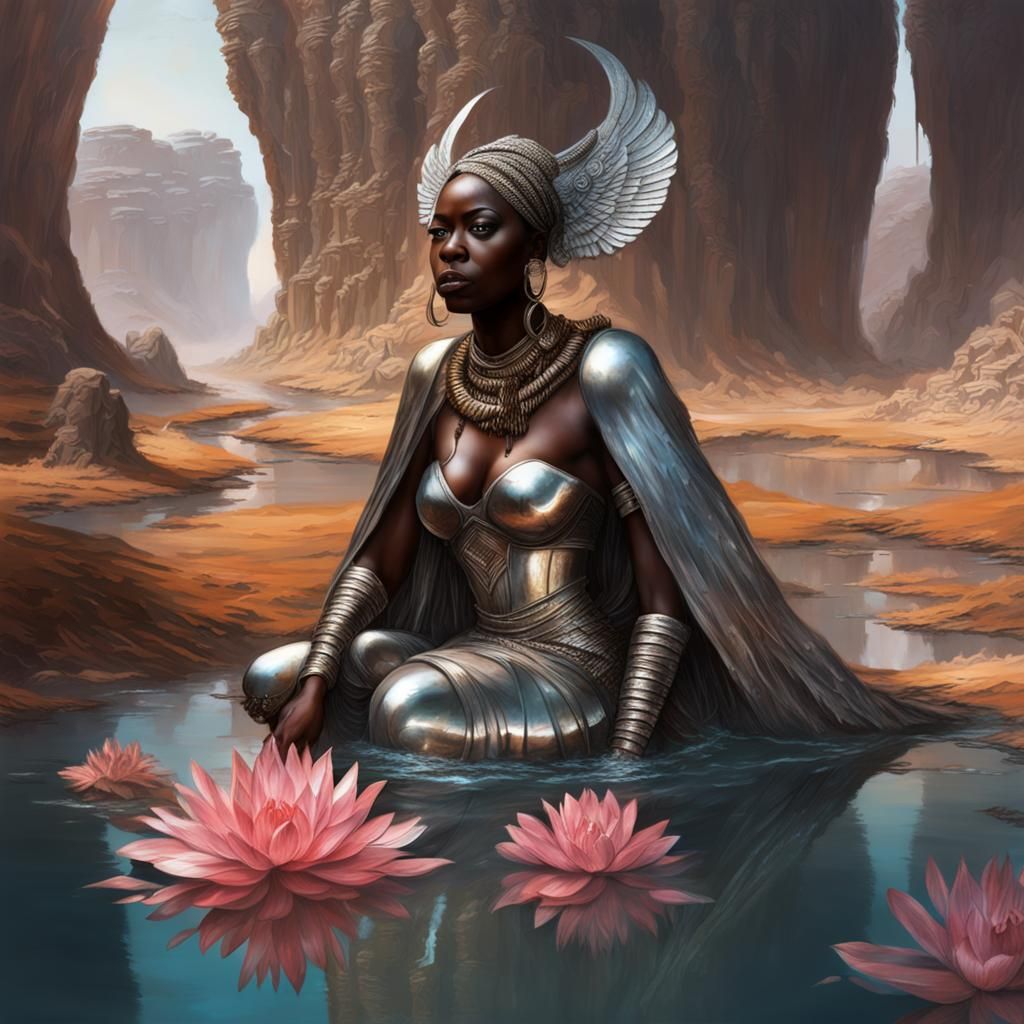 Goddess Emerging from Metallic Riverscape