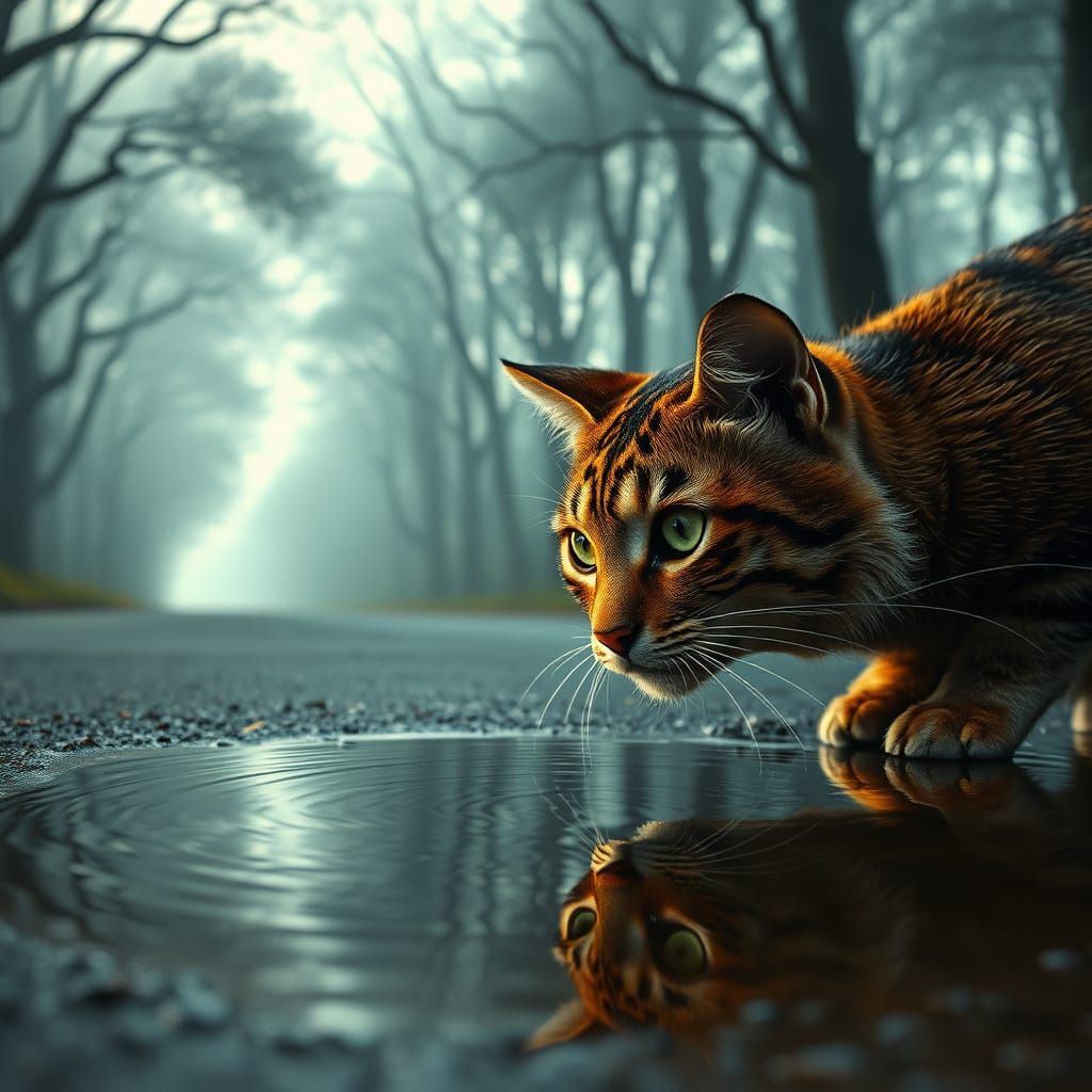 Majestic Tiger Meets Curious Cat in Misty Forest