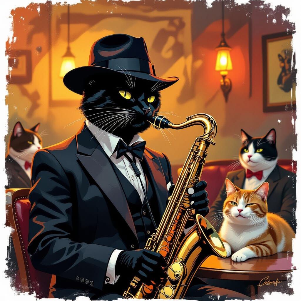 Black Cat Jazz Saxophonist in Digital Art Style