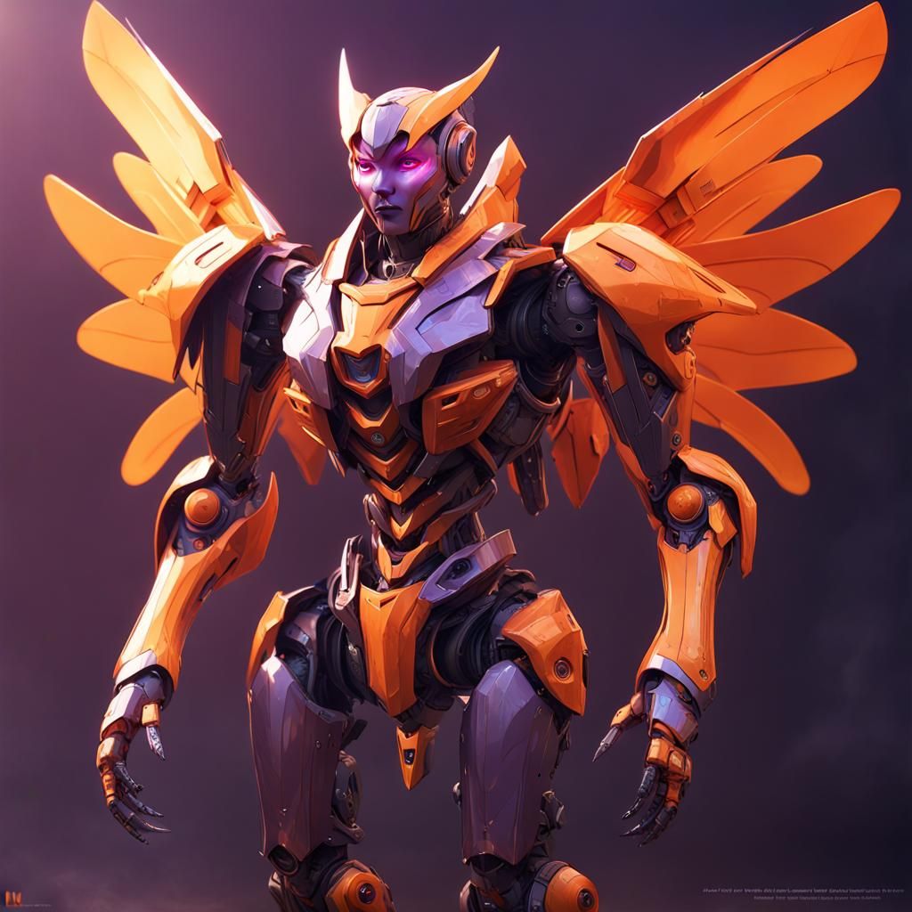 Humanoid robot with orange color armor and wing also red color eyes