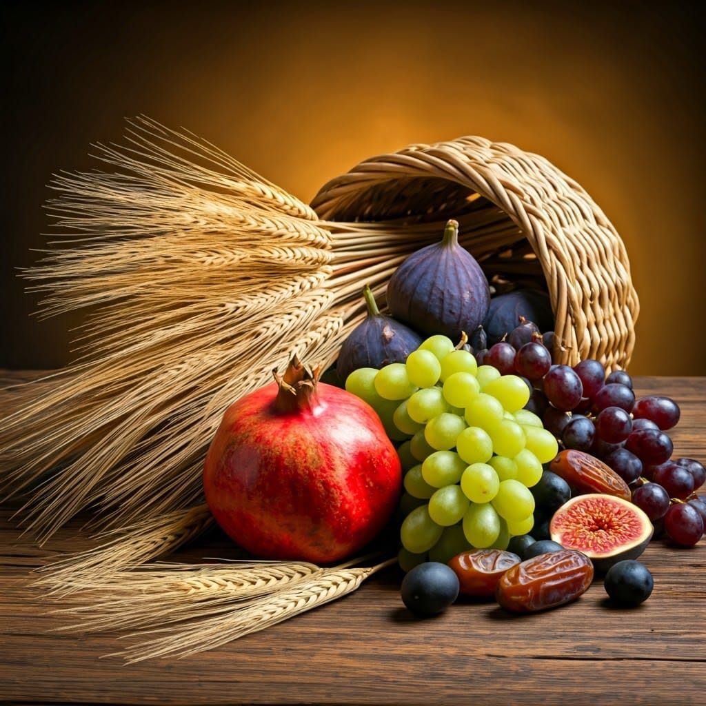 Harvest Still Life with Fruits and Grains in Rich, Warm Colo...