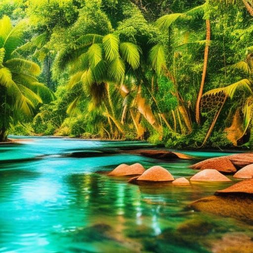 Beautiful oasis River with Beautiful crystal clear water& tropical trees& Nice& sunny& oasis vibes& tropical vibes& Beau...