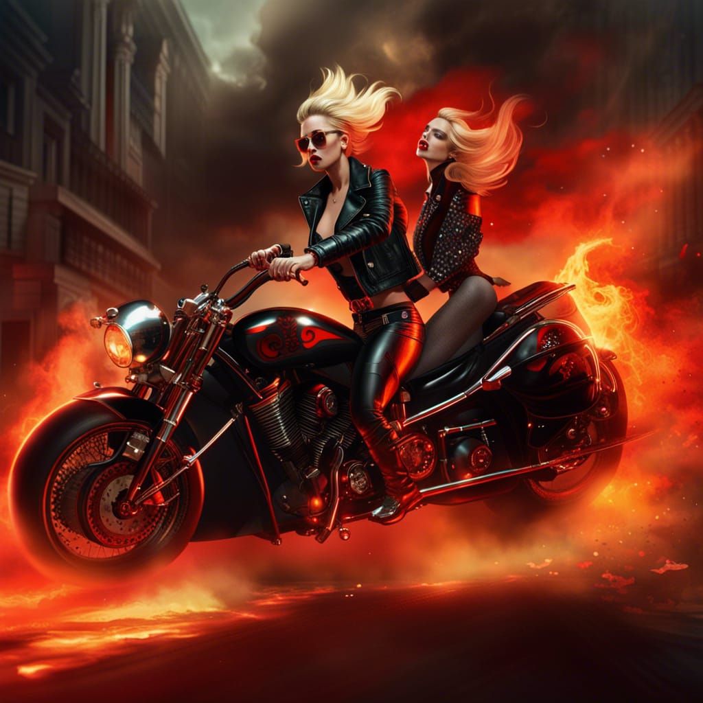 Elegant Vampire Woman Rides Burning Motorcycle with Dramatic...