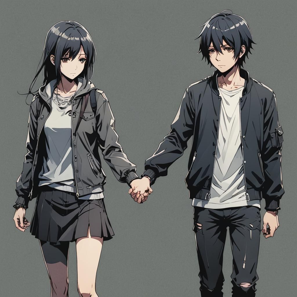 Emo Couple Holding Hands in Anime Style