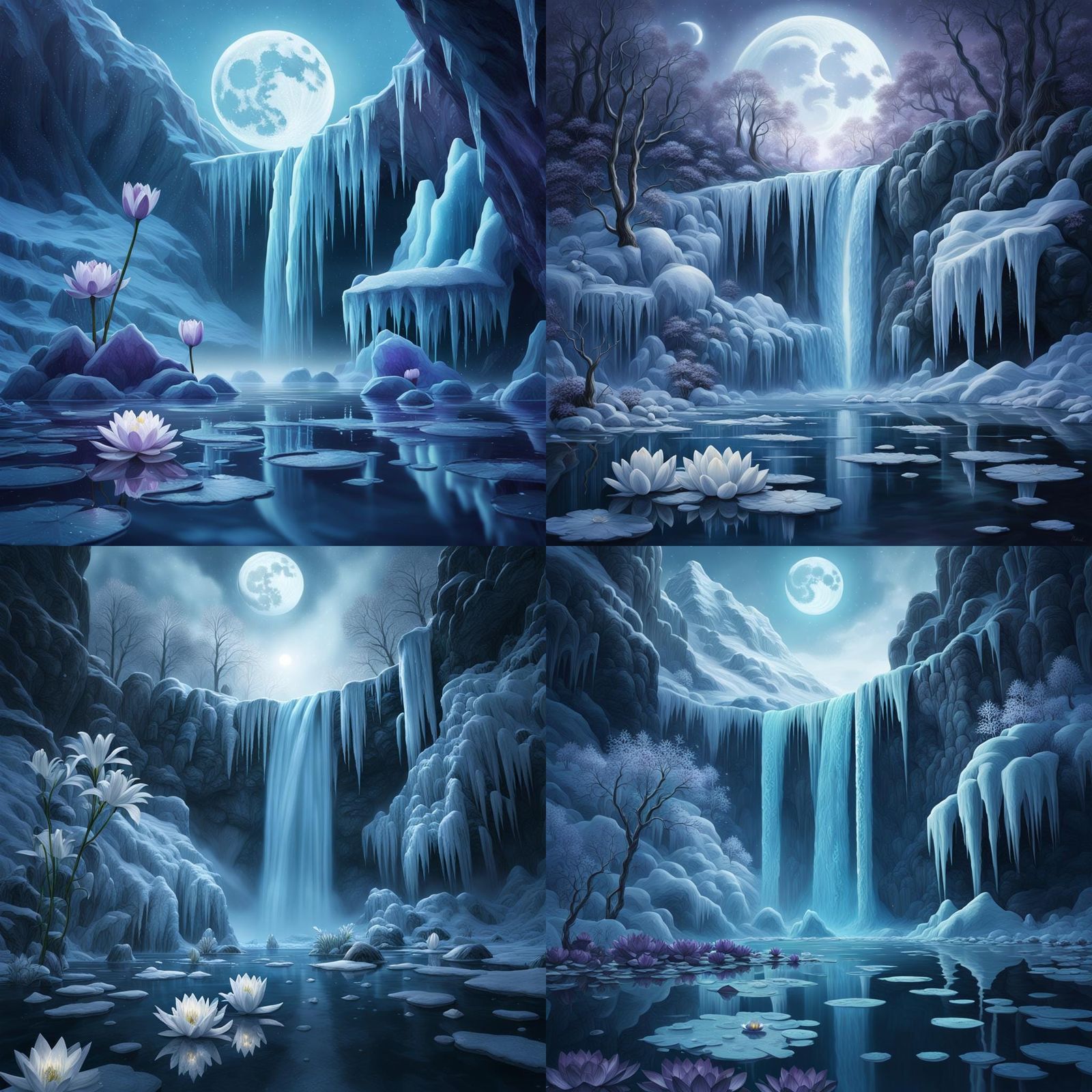 Surreal Waterfall Magic under Frosty Moonlit Blooms
