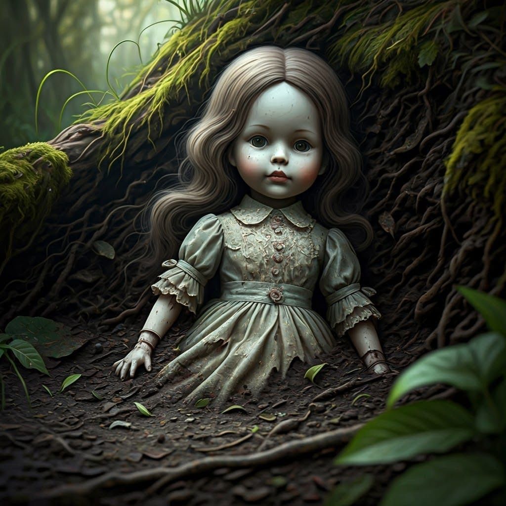 Ethereal Doll Entombed in Nature's Decay