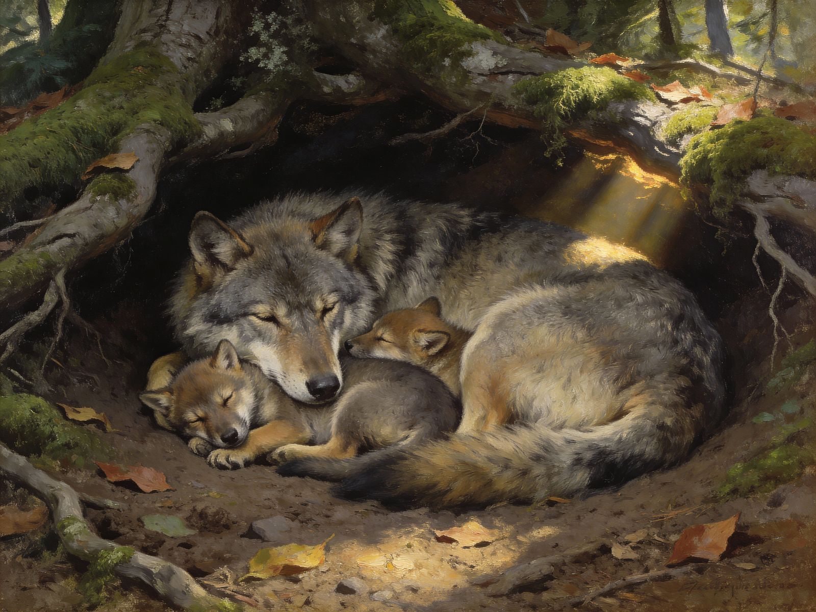 Wolf Family Sleeping in Forest Den Oil Painting