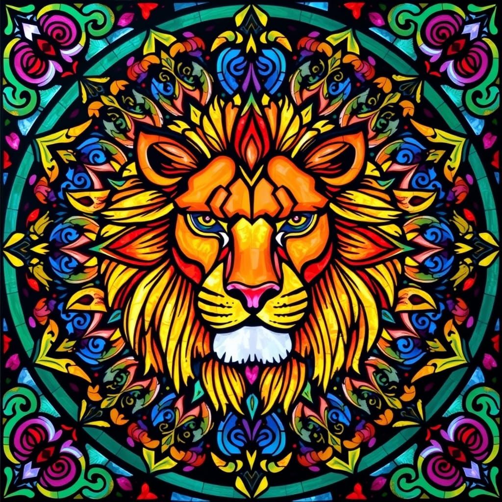 Vibrant Stained Glass Mandala Featuring a Majestic Lion in A...
