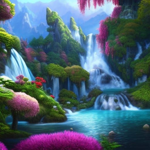 Surreal Mountain Paradise in Vibrant Fantasy Colors