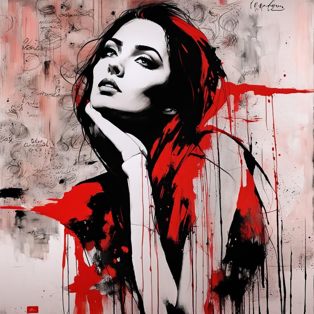 Captivating Girl in Red: Ink Wash Portrait