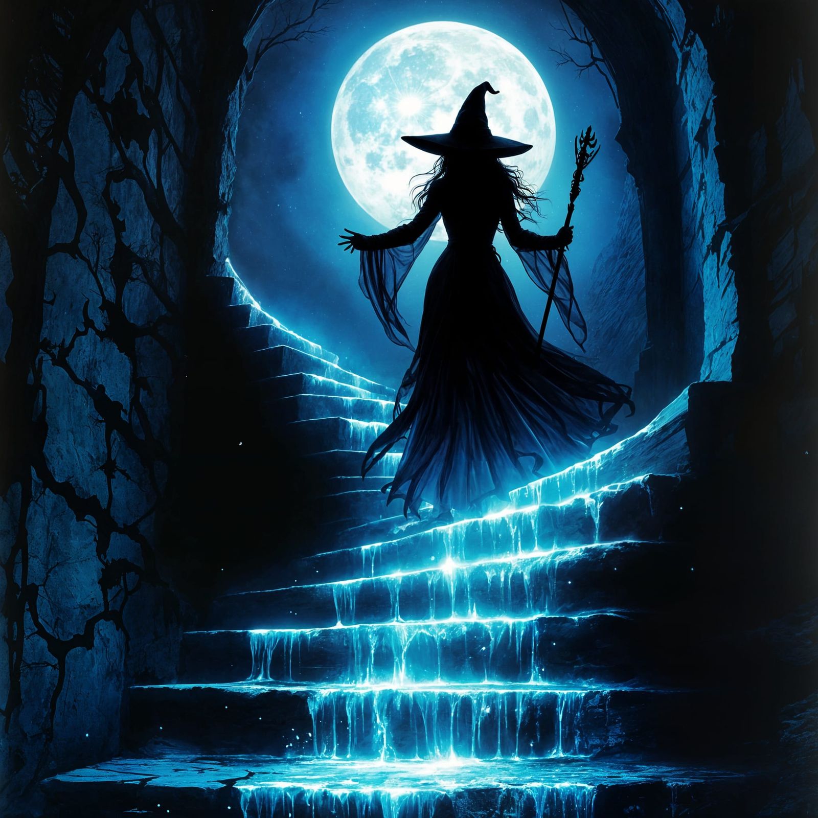 Moonlit Witch Descends Magical Staircase