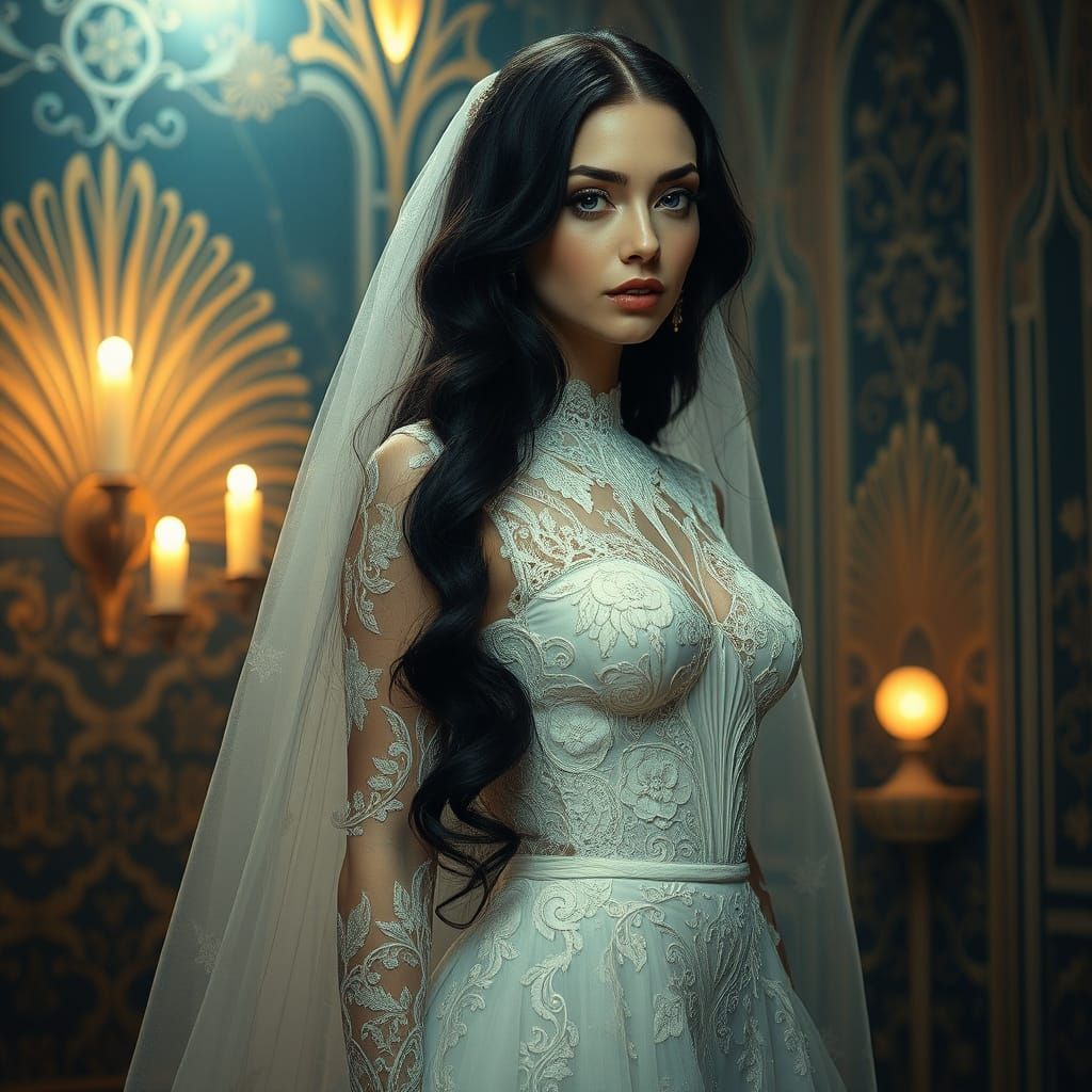 Elegant Woman in Art Deco Retrofuturistic Setting