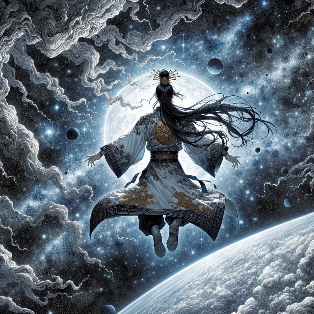 Young Warrior Soars in Celestial Manga Scene