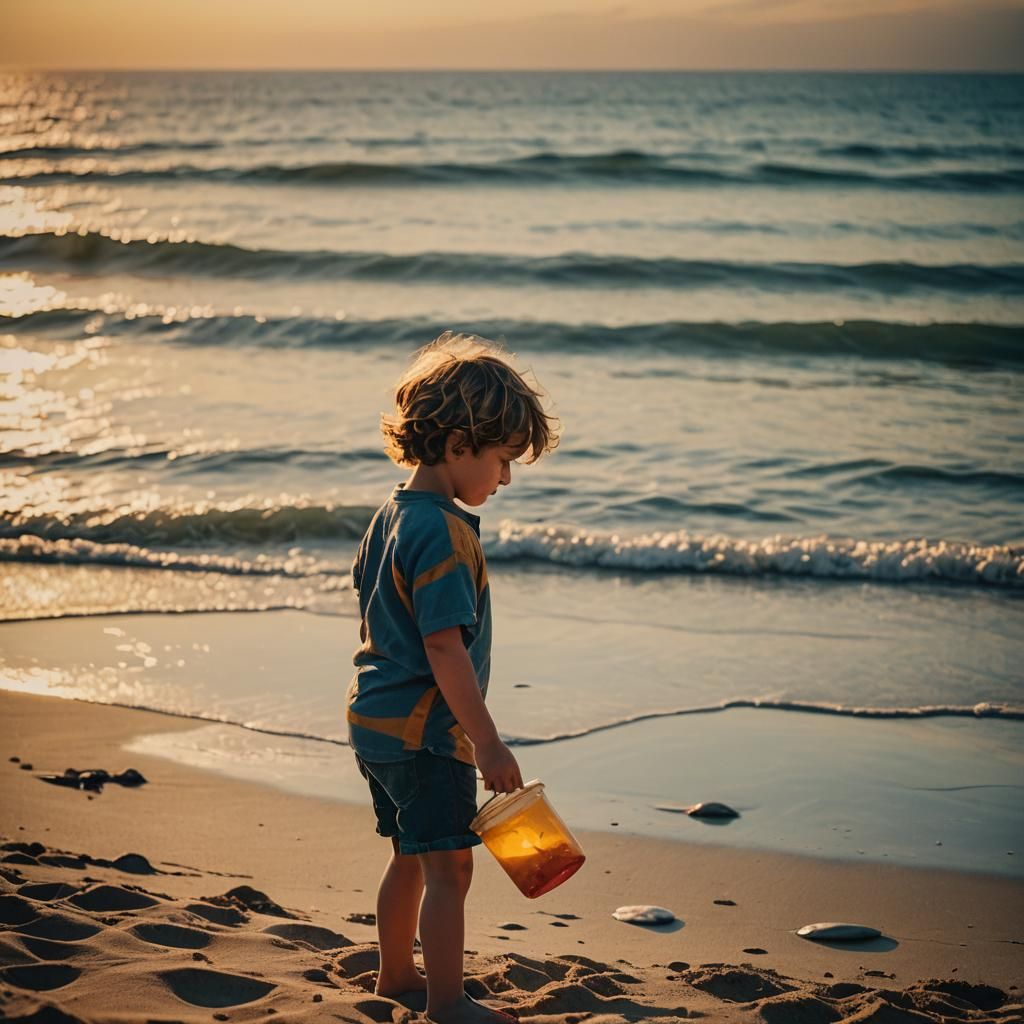 Warm Cinematic Sunset on a Beach with a Child at Play