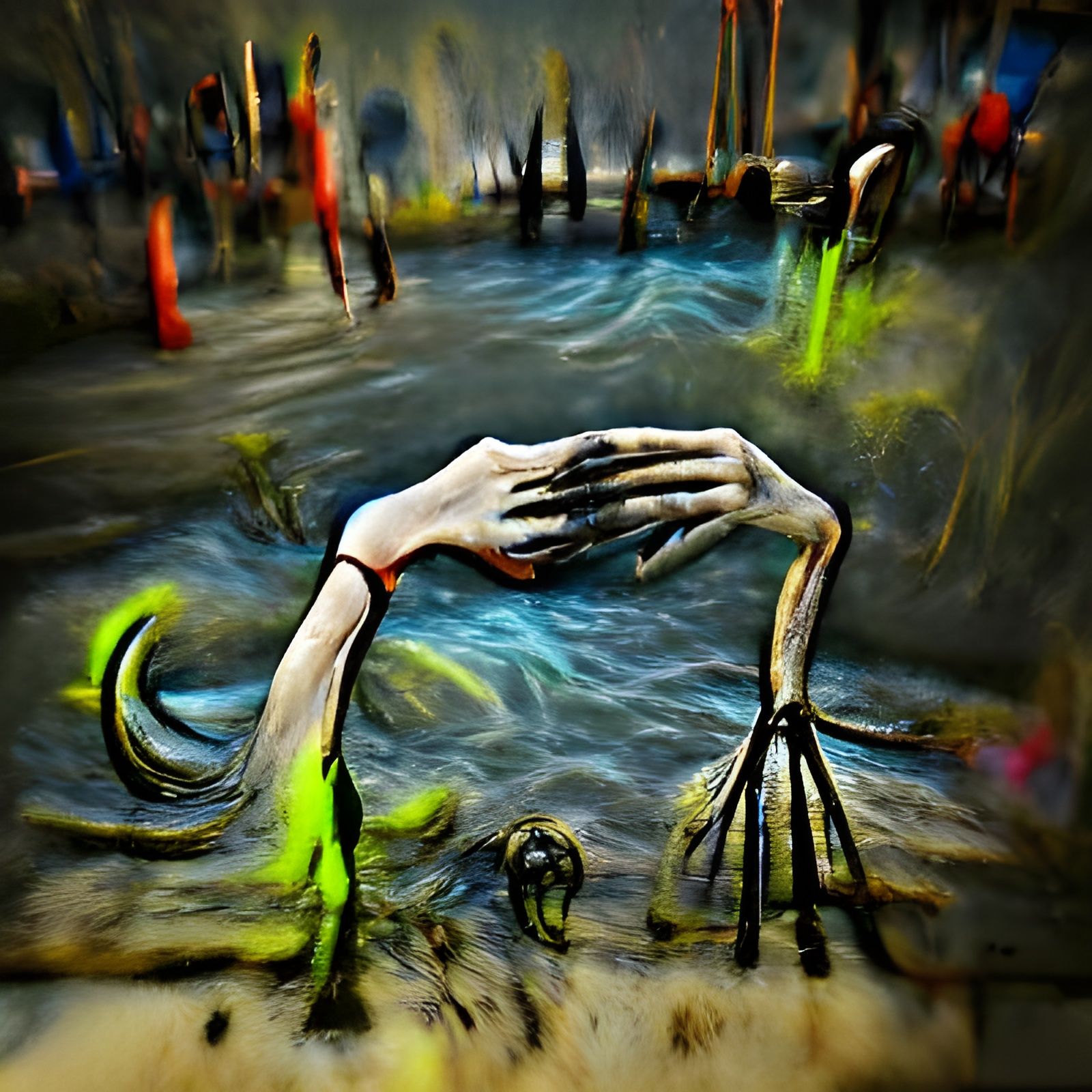 Surreal Waterborne Hands in Dark Neon