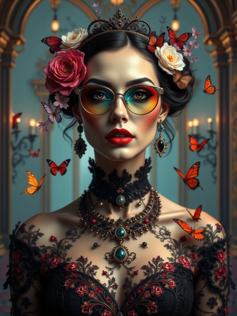 Ethereal Woman with Butterfly Glasses in Dreamlike Atmospher...