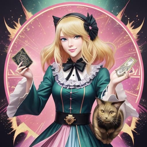 Blonde Woman Celebrates with Tarot Cards and Black Cat in Vi...