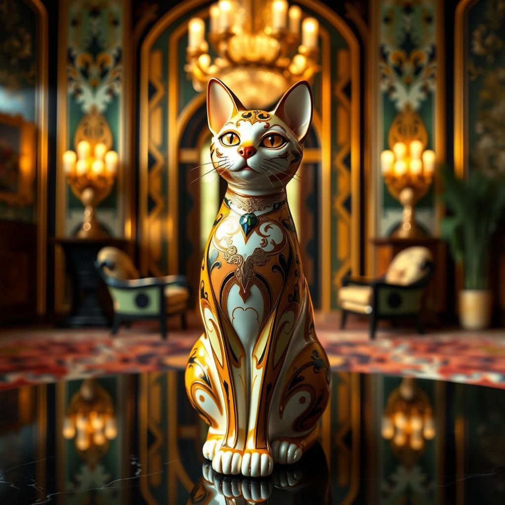 Enameled Glass Cat Figurine in Opulent Art Deco Setting