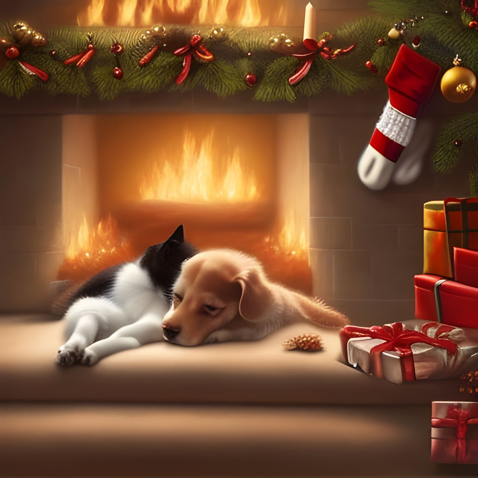 Hyperealistic Fireplace Scene with Dog and Cat