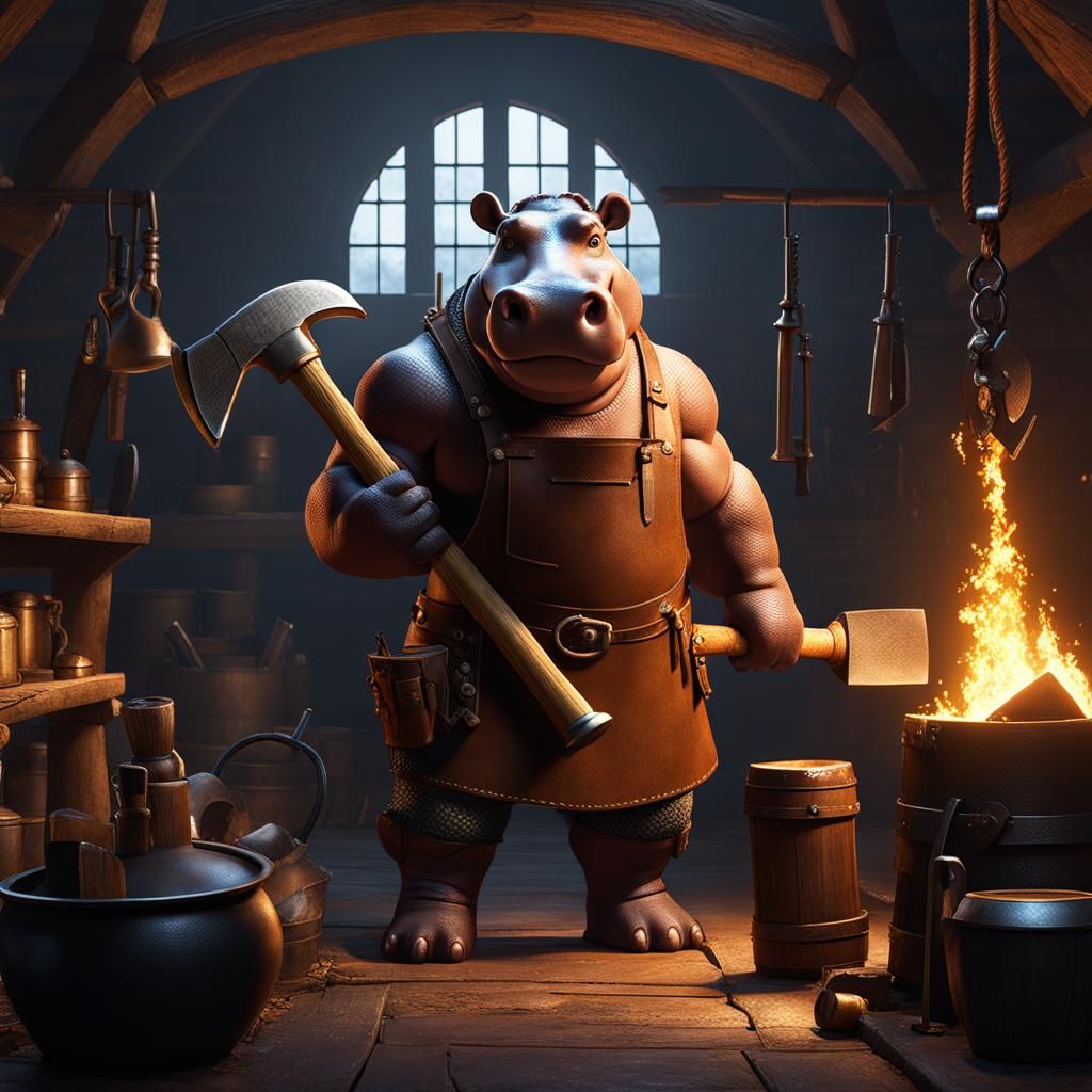 Hippo Folk Blacksmith in Dark Fantasy Style
