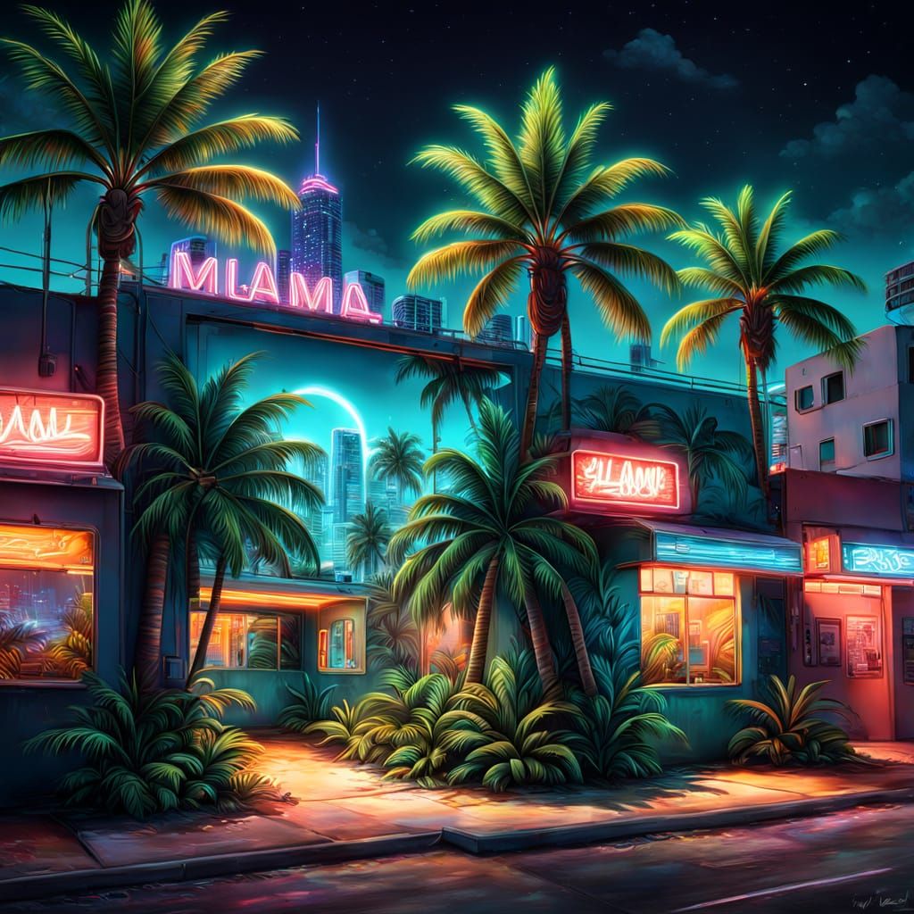 Airbrushed Miami Scene Mural with Neon Lights